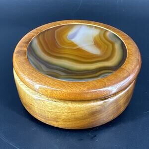 Woodstones Round Brazilian Wooden Agate Inlaid Top Trinket Jewelry Box